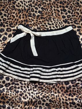 Y2K Nolita Deadstock Black Ruffle Mini Skirt with Cream Stripes & Bow Detail